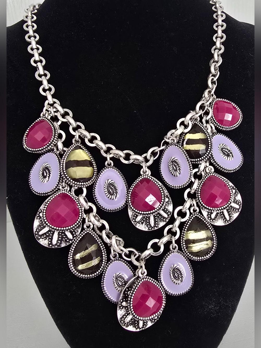 Premier Designs Double sided Antiqued Silver Tone Necklace Black/Lilac/Magenta